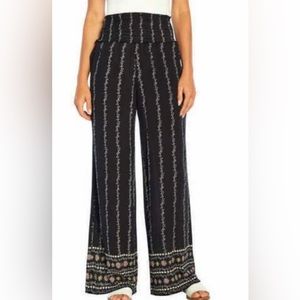 Three Dots Ladies Printed Boho Pants/Palazzo Pants Black Floral Border-NWT